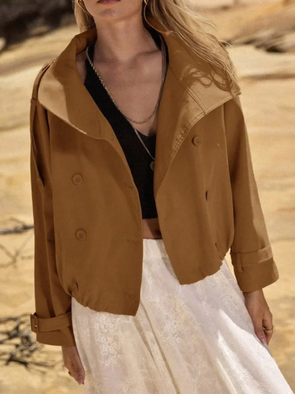 Camel Double-Breasted Cropped Trench Jacket with Belted Cuffs